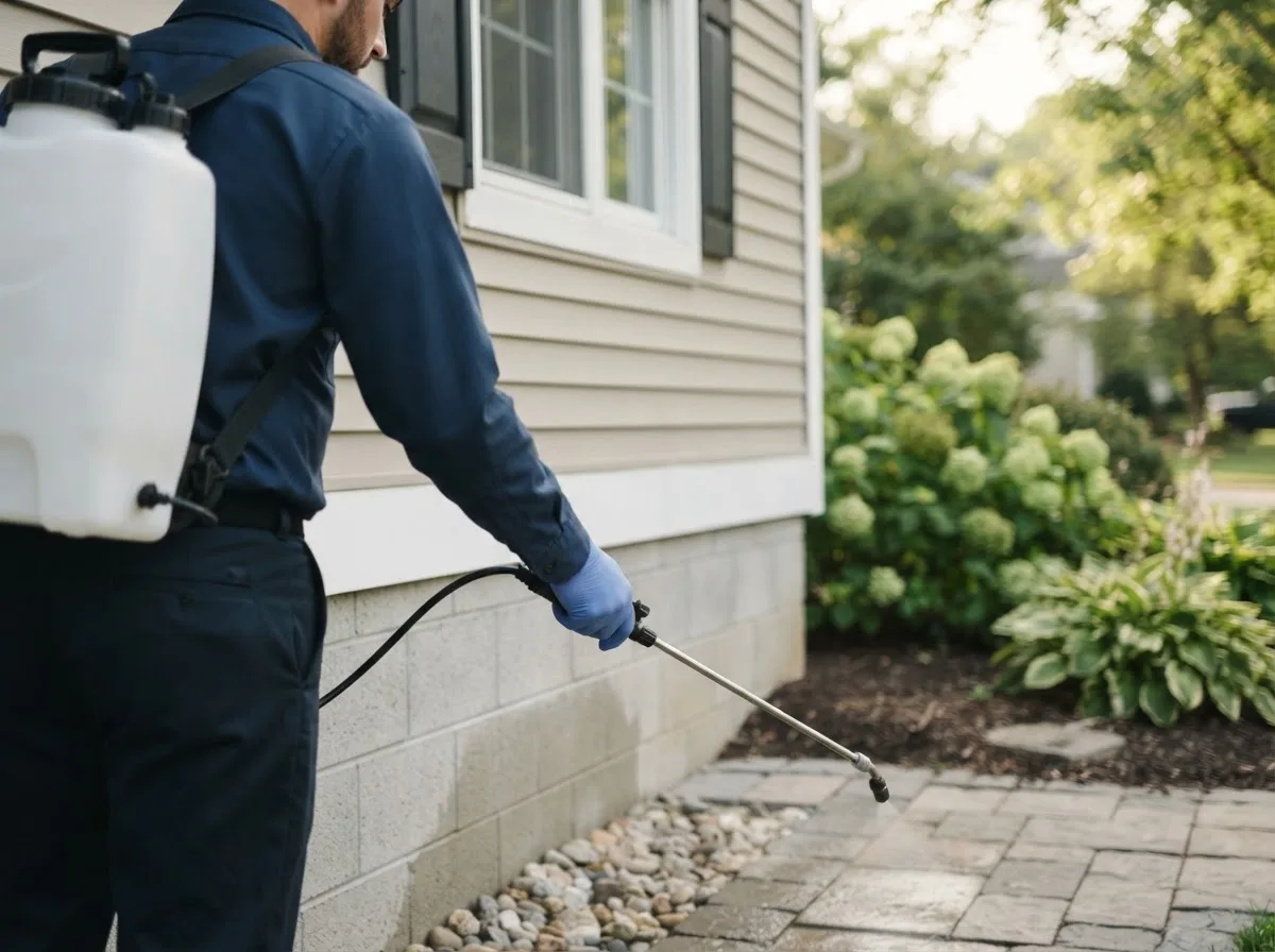 Pest control technician inspecting a home in Walthill, NE